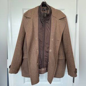 Kenneth Cole Men's Double Breasted Wool Blend Peacoat with Bib, brown